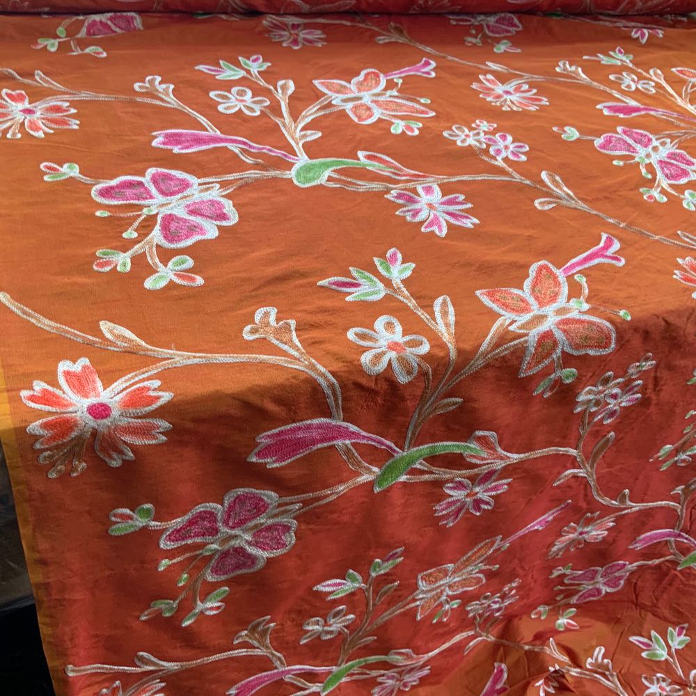 Orange Embroidered Silk Crewelwork Fabric norfolktextiles.co.uk